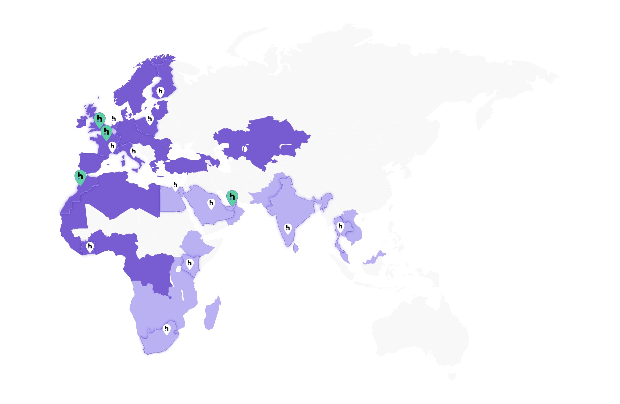 Mappa della presenza internazionale di Humelab Group: Europa, Africa, Medio Oriente e Asia
